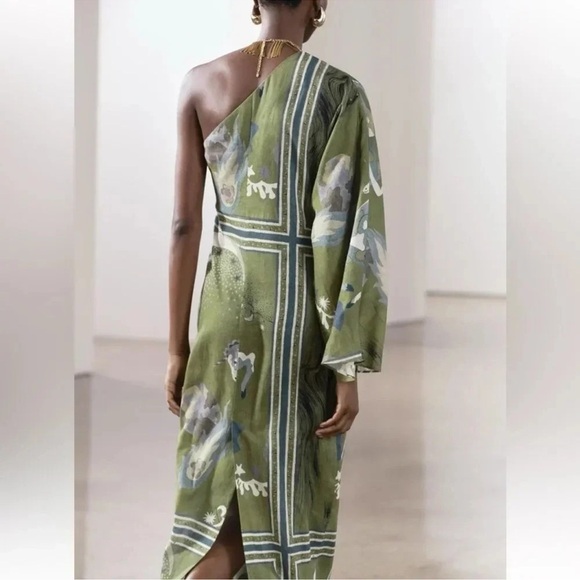 ZARA ZW COLLECTION PRINTED ASYMMETRIC LINEN DRESS - Picture 6 of 13